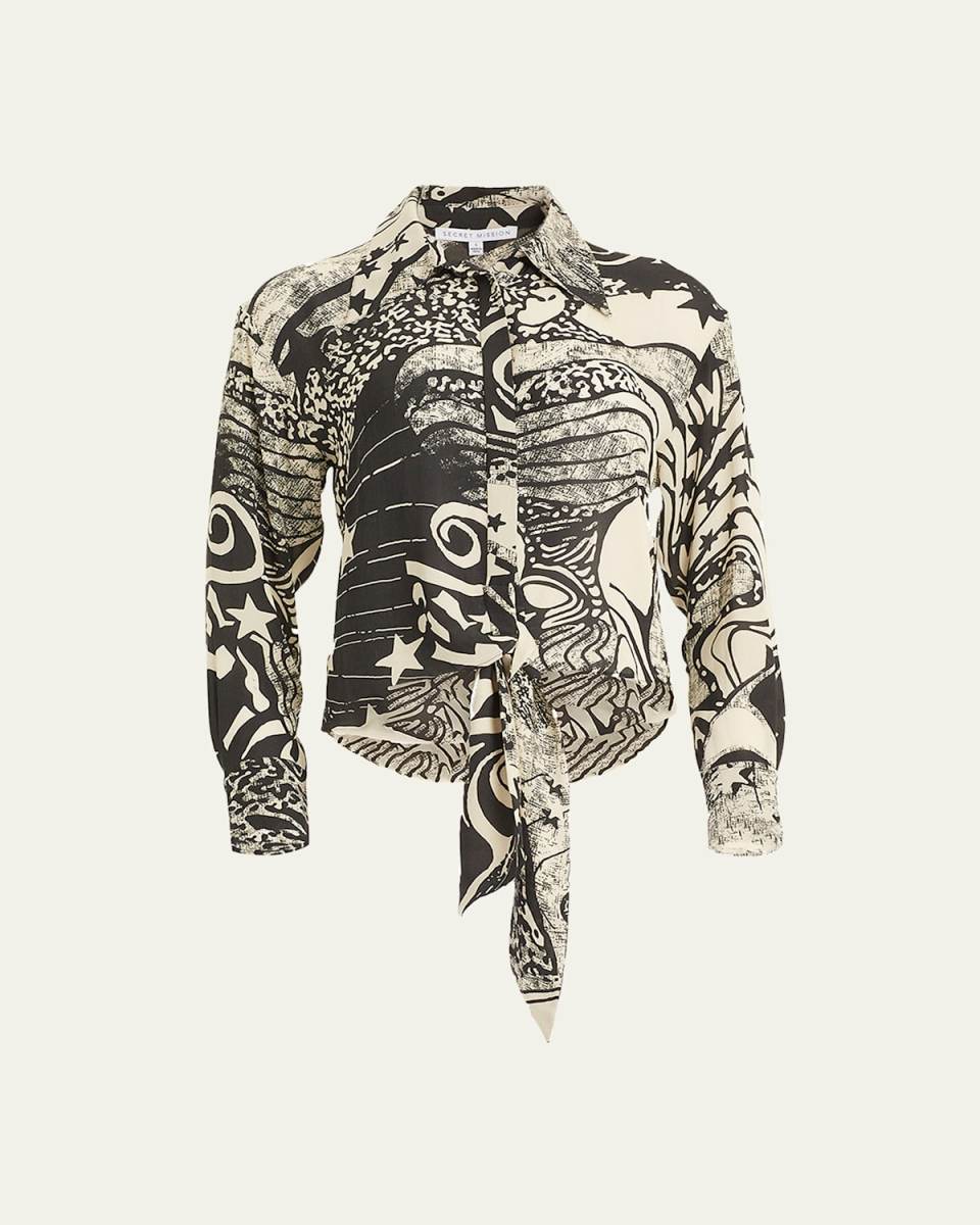 Mitski Button-Front Printed Silk Blouse