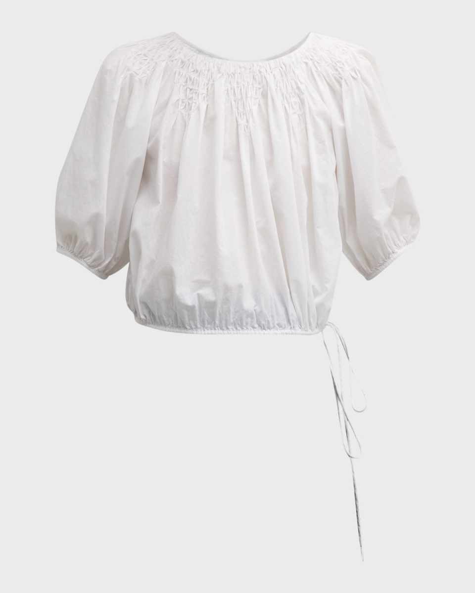 Lotus Smocked Blouson-Sleeve Voile Blouse
