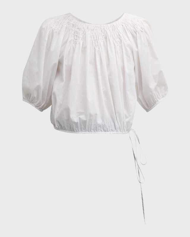 Lotus Smocked Blouson-Sleeve Voile Blouse