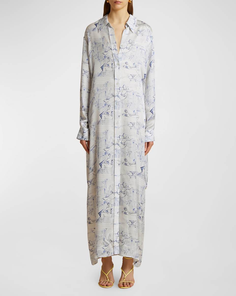 Kiko Toile-Print Draped-Back Maxi Shirtdress