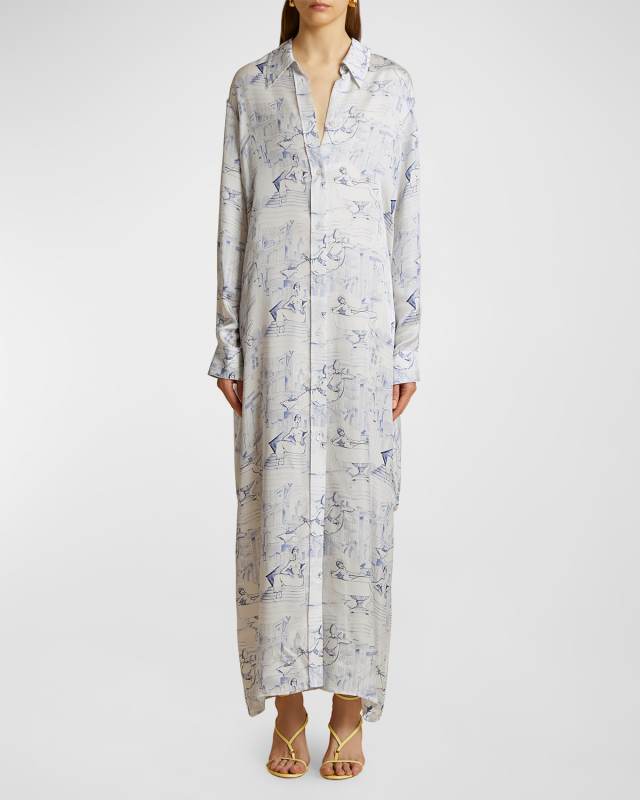 Kiko Toile-Print Draped-Back Maxi Shirtdress