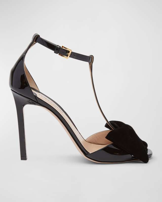Patent Bow T-Strap Stiletto Sandals