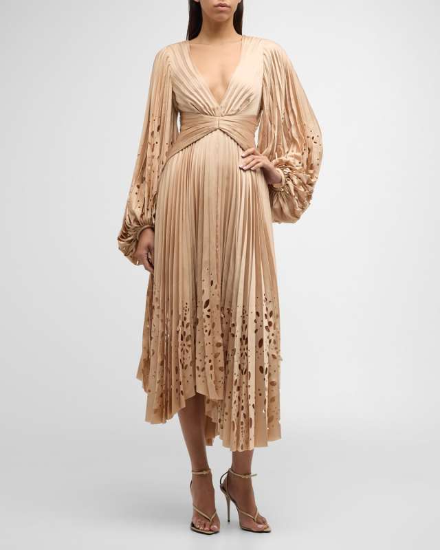 Barlow Pleated Long-Sleeve Midi Dress