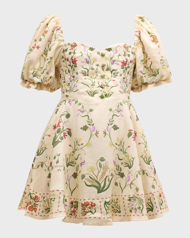 Vuelo Cultivo Puff-Sleeve Floral Linen Mini Dress
