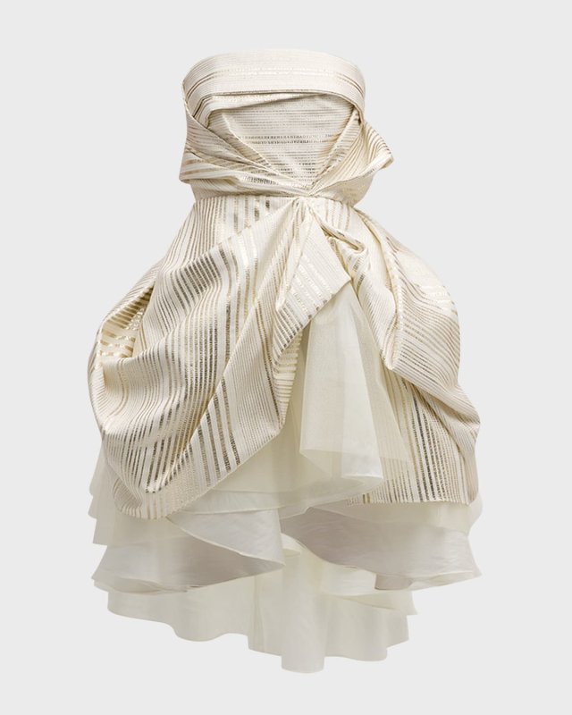 Metallic Stripe Jacquard Draped Strapless Mini Dress