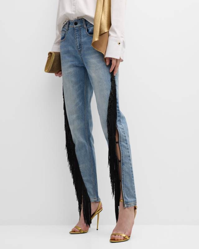Jay Beaded Fringe Slit-Hem Straight-Leg Ankle Jeans