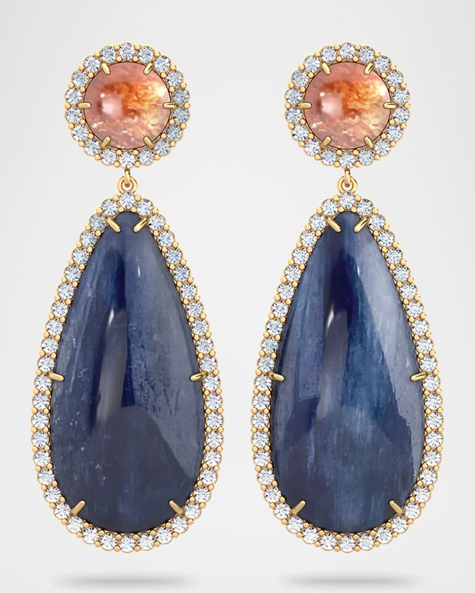 18K Gold Elevated Alice Drop Earrings with Kyanite, Sunstone and Diamonds