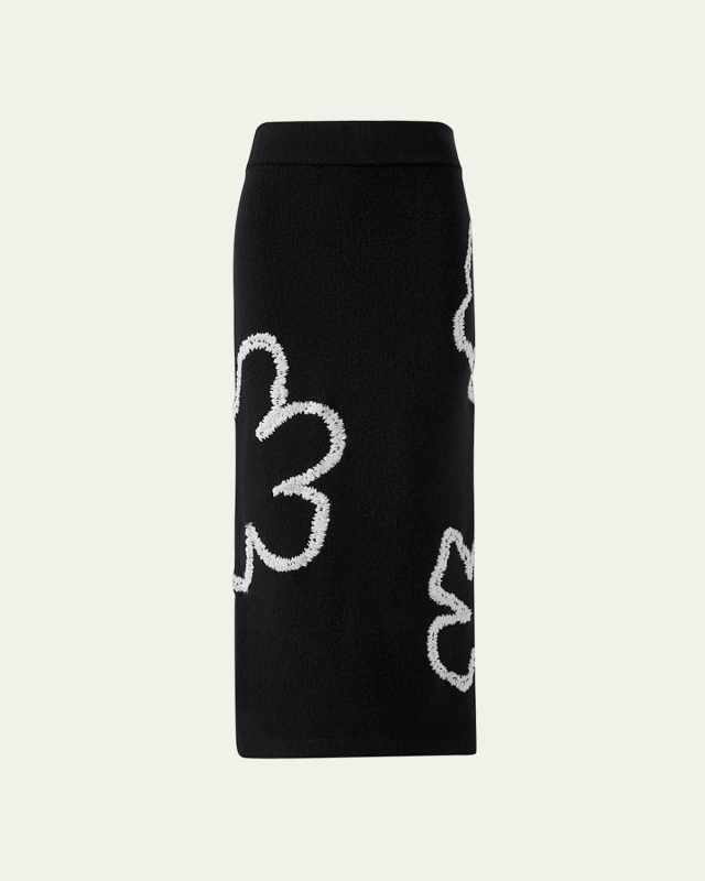 Floral Embroidered Knit Midi Skirt