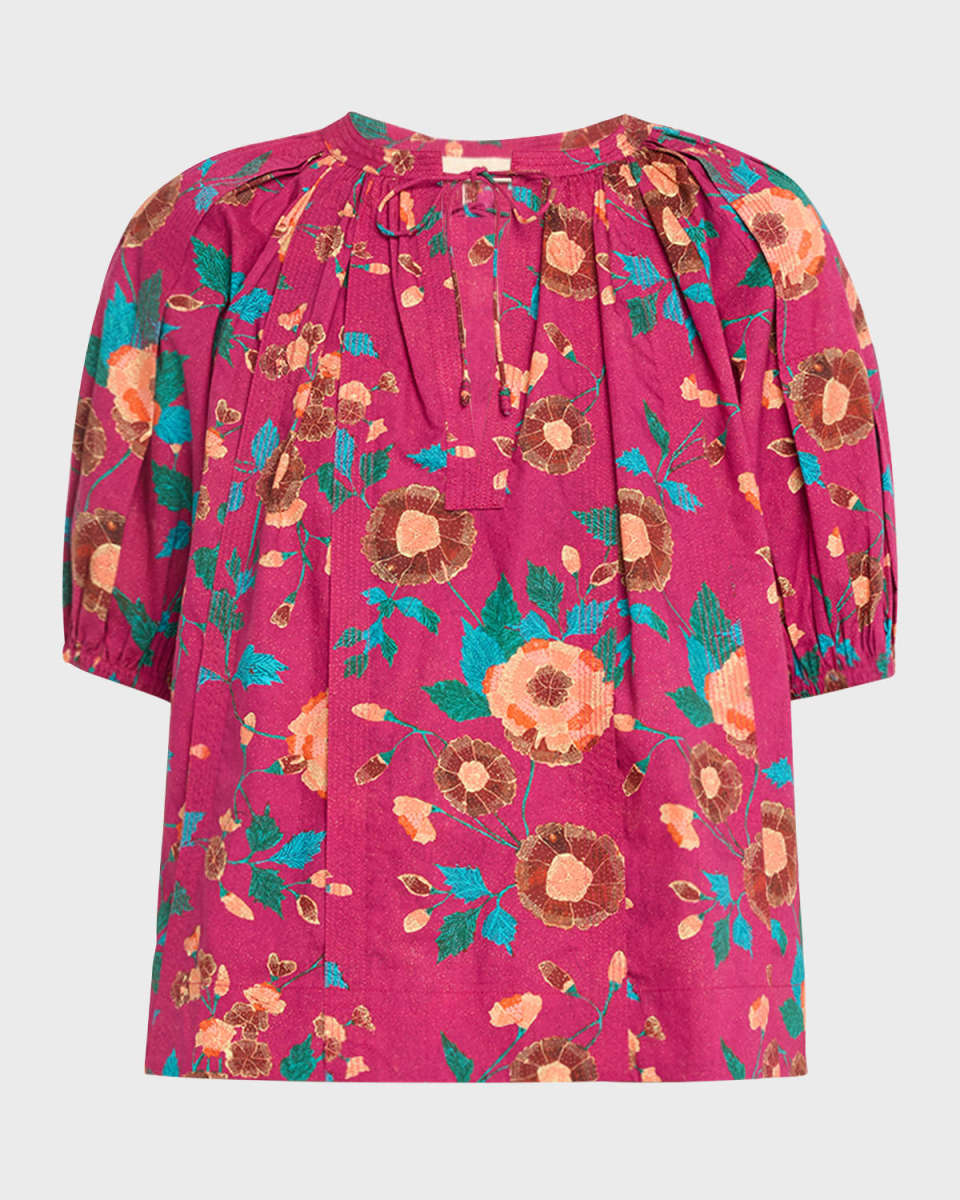 Loli Puff-Sleeve Floral Jacquard Poplin Top