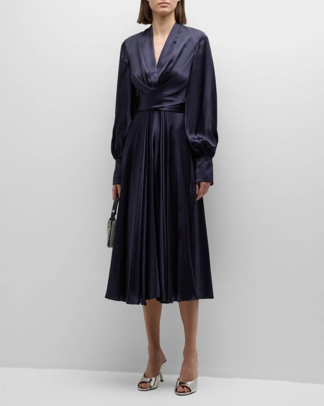 Fern Pleated Silk Midi Wrap Dress