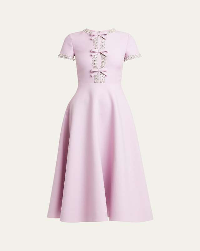 Cutout Midi Dress with Crystal Embroidery and Bow Details