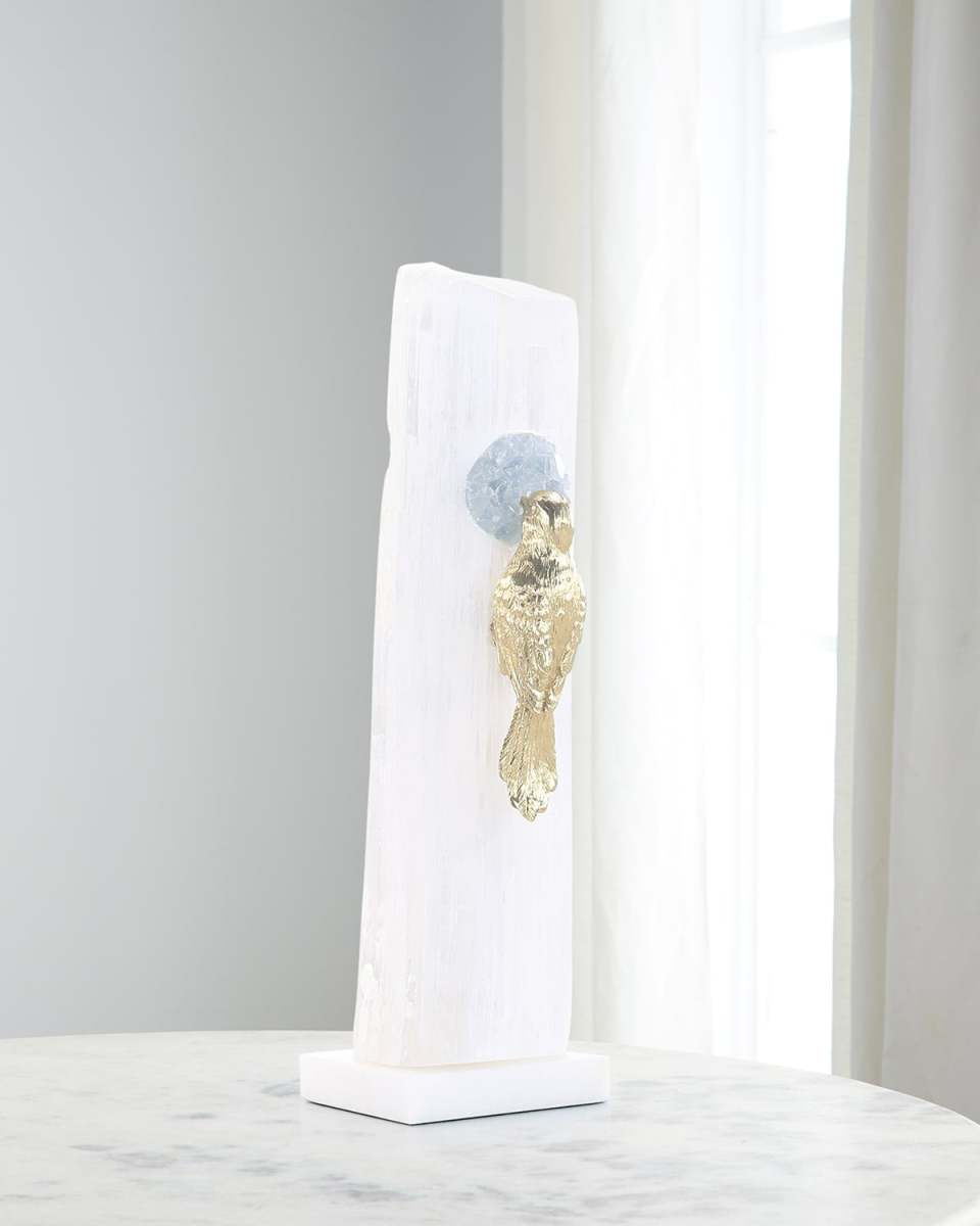 Brass Bird Sculpture on Selenite Roost I