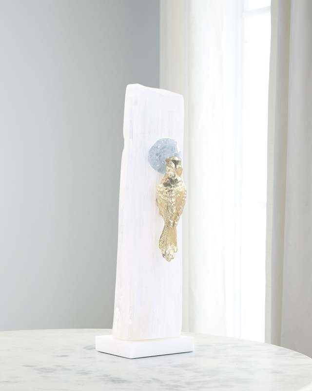 Brass Bird Sculpture on Selenite Roost I