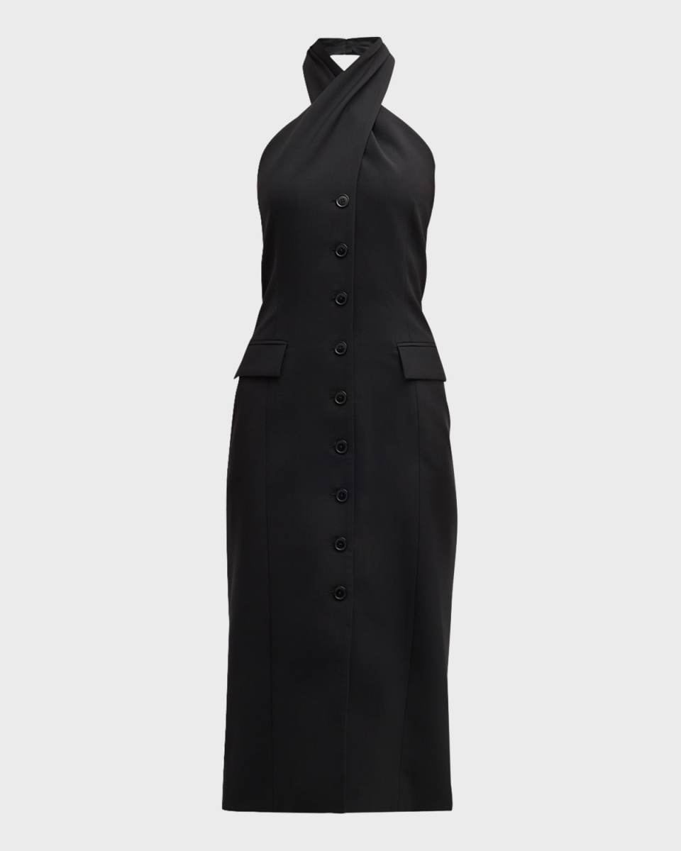 Pia Crossover-Halter Button-Front Midi Dress
