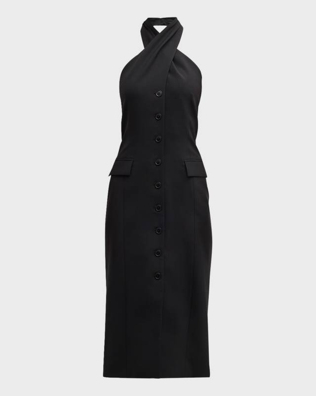 Pia Crossover-Halter Button-Front Midi Dress