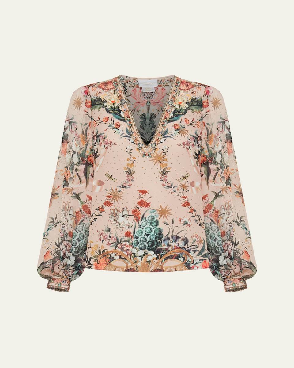Silk V-Neck Blouson-Sleeve Blouse