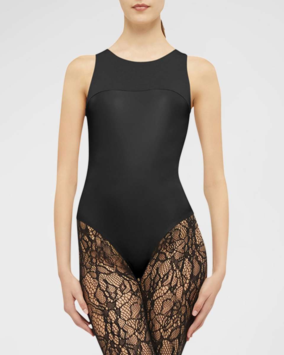 Sleeveless Vegan Leather Thong Bodysuit