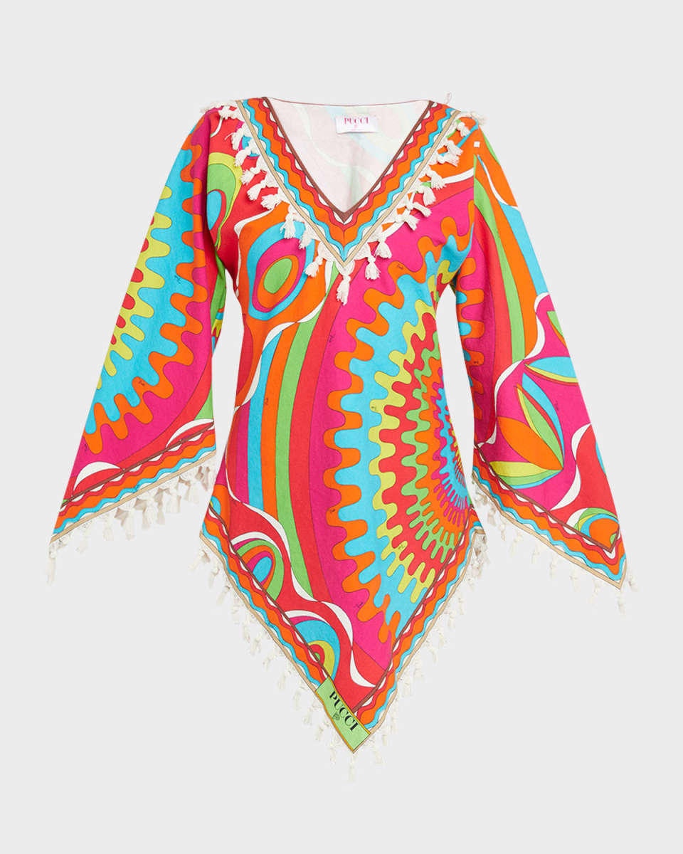 V-Neck Tassel-Trim Long-Sleeve Kaftan Mini Dress