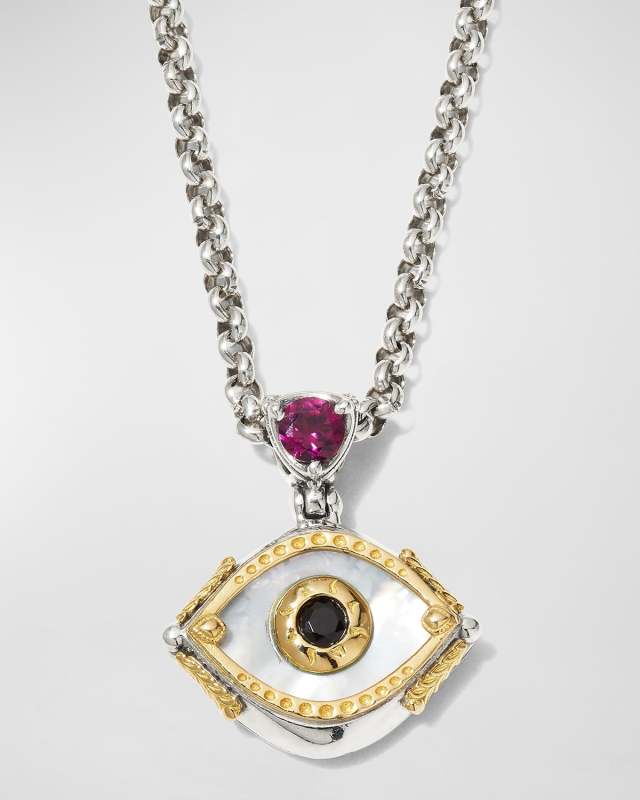 Evil Eye Mother-of-Pearl Pendant Necklace with Rhodolite and Black Spinel