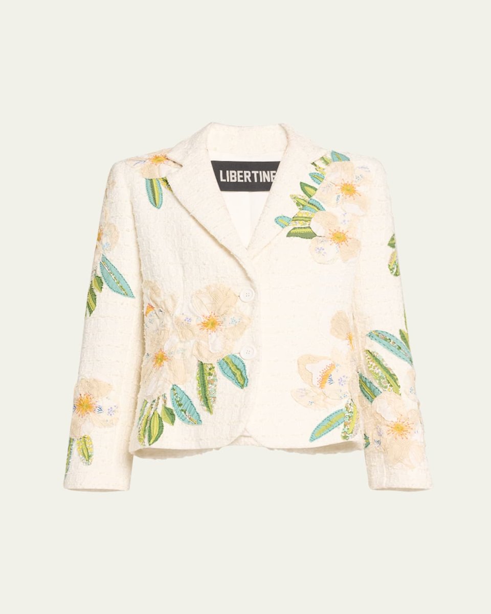 White Poppy Sequined Applique Short Jacket