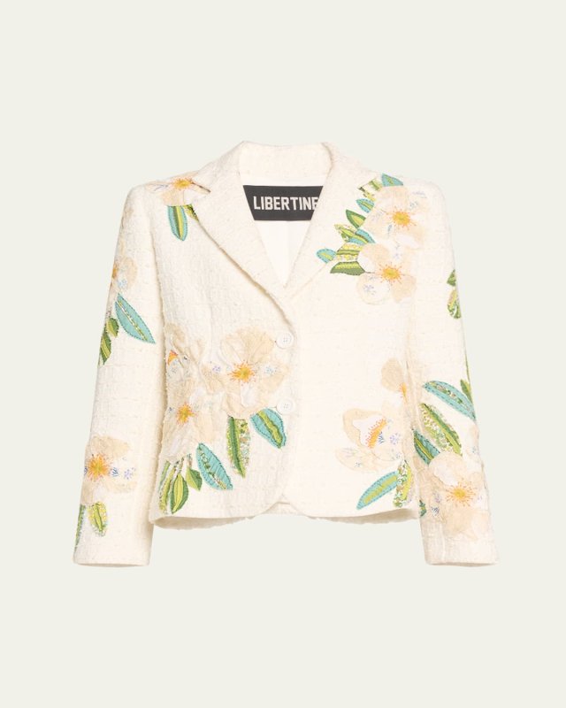 White Poppy Sequined Applique Short Jacket