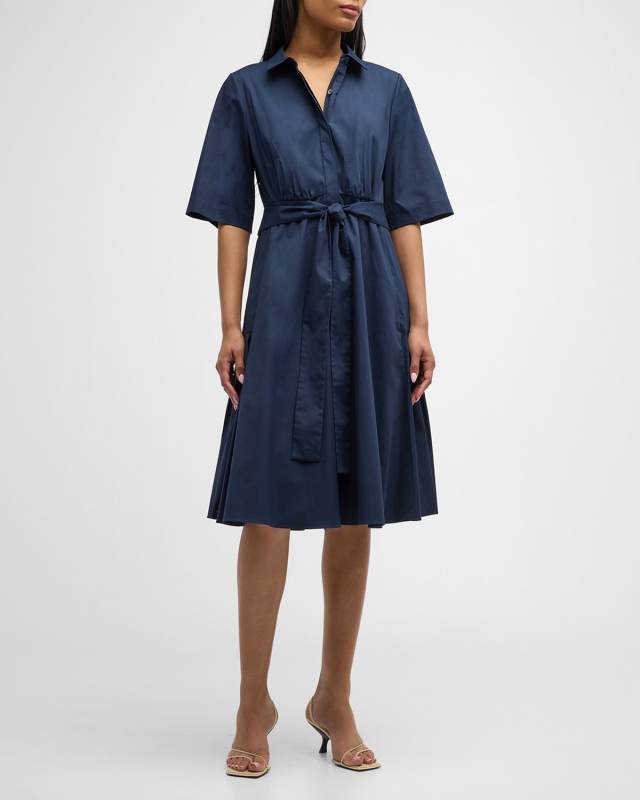 Tiffany Pleated Elbow-Sleeve Midi Shirtdress