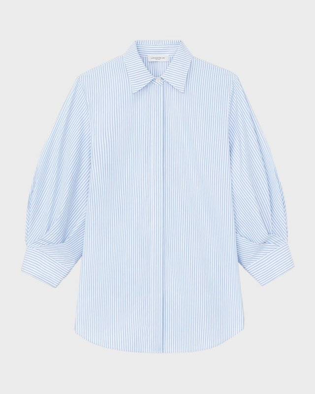 Striped Blouson-Sleeve Cotton Shirt