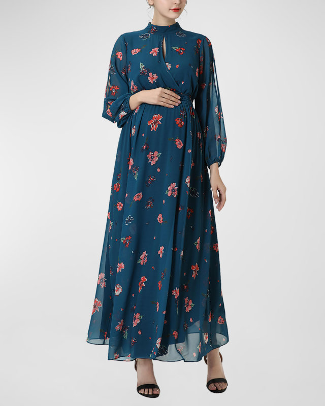 Maternity Finley Mock-Neck Floral-Print Maxi Dress