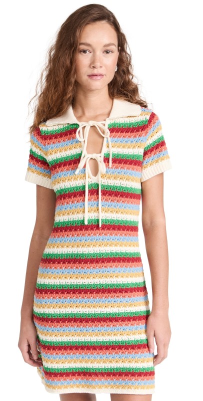 KITRI Ridley Multi Striped Crochet Knit Mini Dress Blue Multi