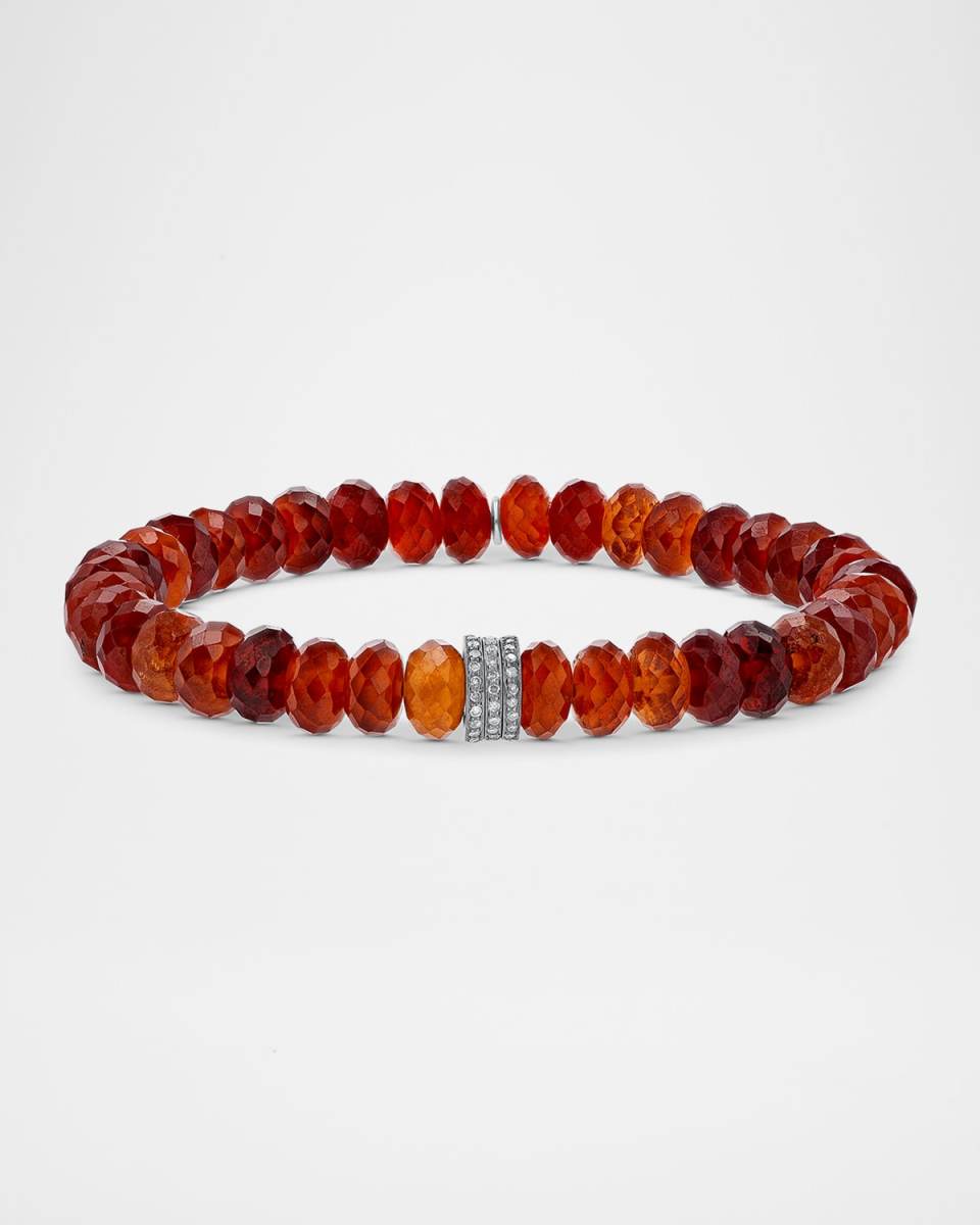 Hessonite Garnet Faceted 8mm Bracelet with 3 Pave Diamond Rondelles