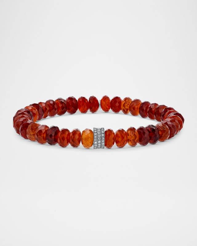 Hessonite Garnet Faceted 8mm Bracelet with 3 Pave Diamond Rondelles