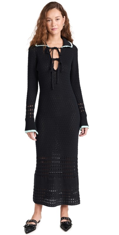 KITRI Delilah Black Mixed Crochet Knit Dress Black/Mint