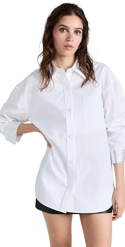 Alexander Wang Button Down Shirt with Crystal Cuffs White