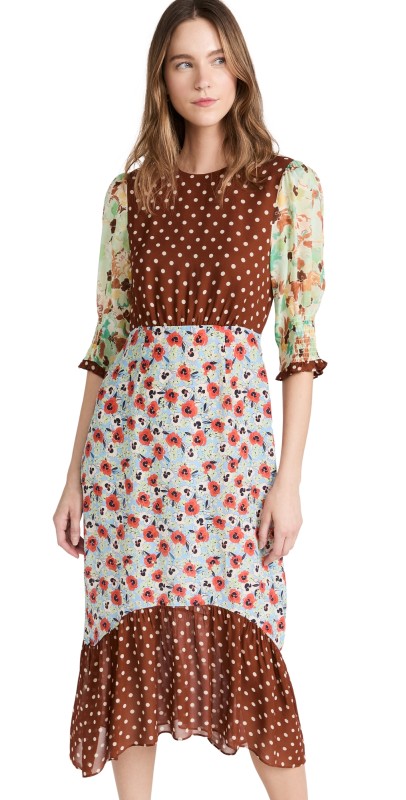 RIXO Saffron Polka Dot Floral Dress Red Pansy Polka Dot Mix