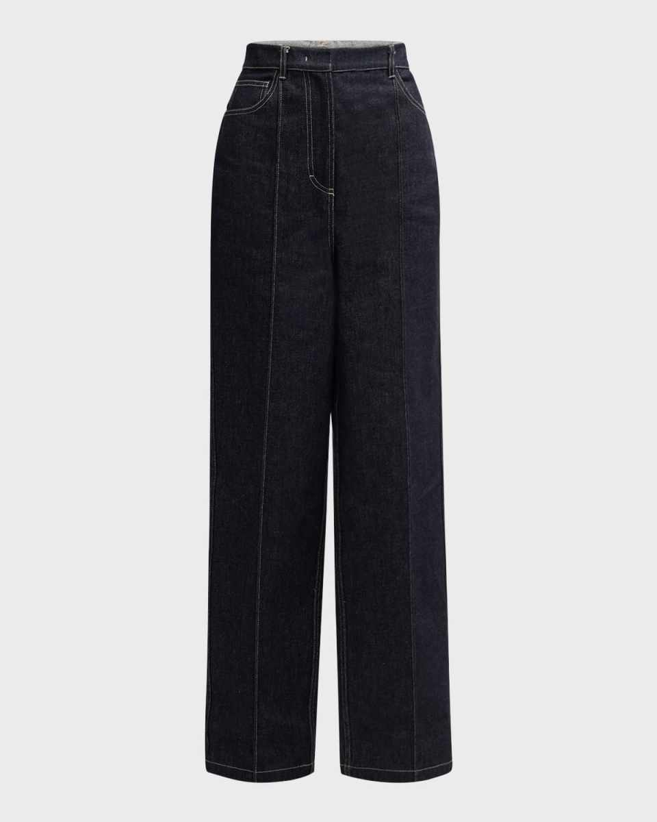 High-Rise Pintuck Straight-Leg Denim Trousers
