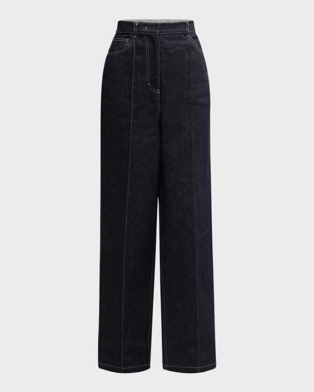 High-Rise Pintuck Straight-Leg Denim Trousers