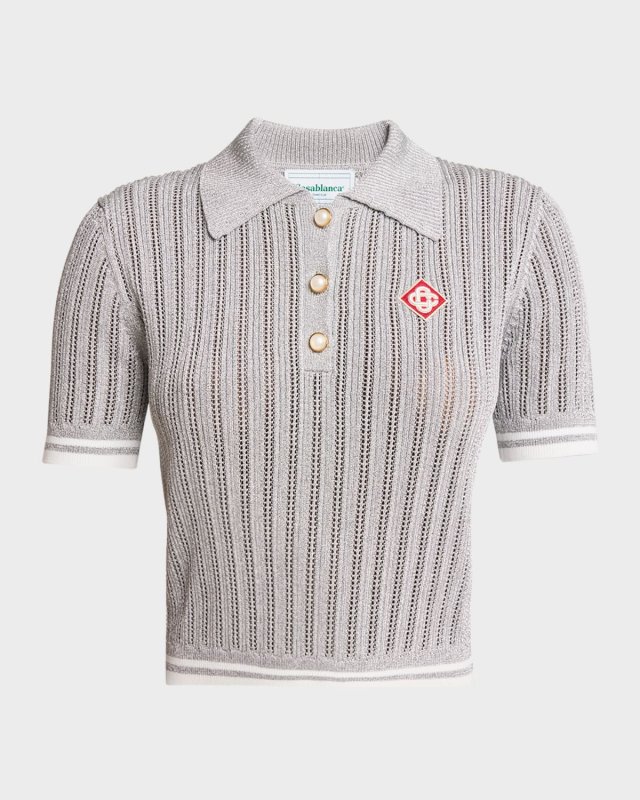 Silver Knit Polo with Logo Patch