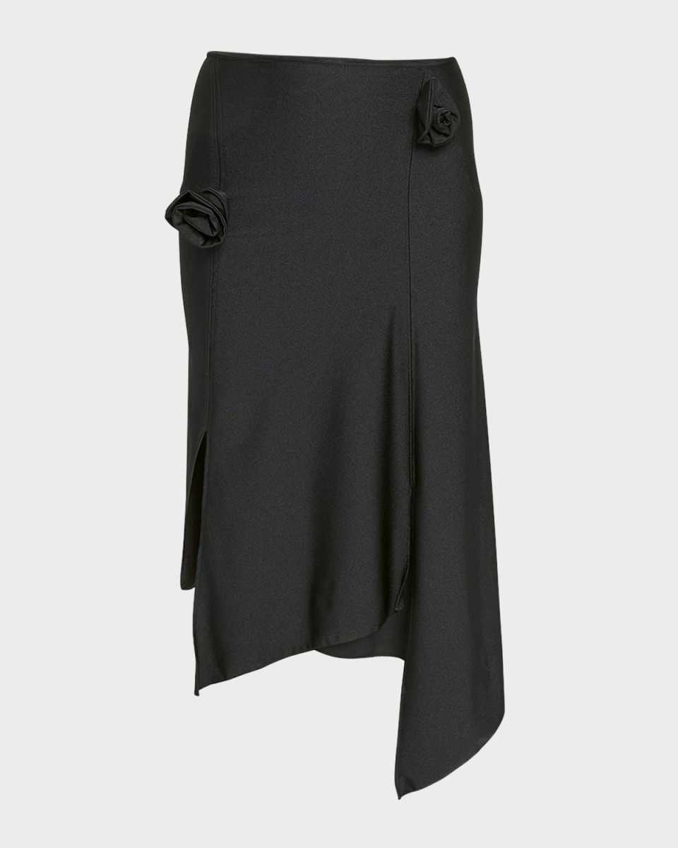 Flower-Applique Slit Asymmetric Midi Skirt