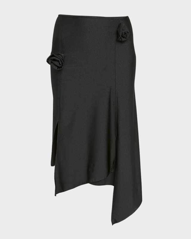 Flower-Applique Slit Asymmetric Midi Skirt