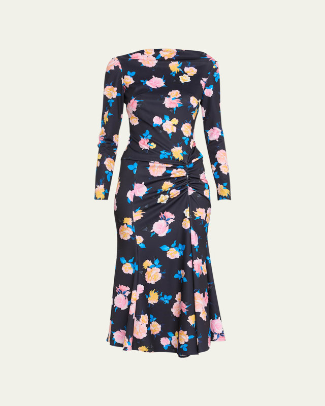 Floral-Print Long-Sleeve Midi Dress With Side Drape