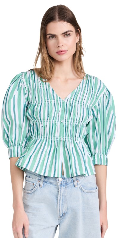 GANNI Stripe Cotton V Neck Fitted Blouse Creme de Menthe