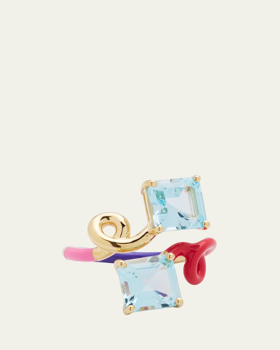 B Square Ring with Double Blue Topaz plus Raspberry Purple and Bubblegum Pink Enamel