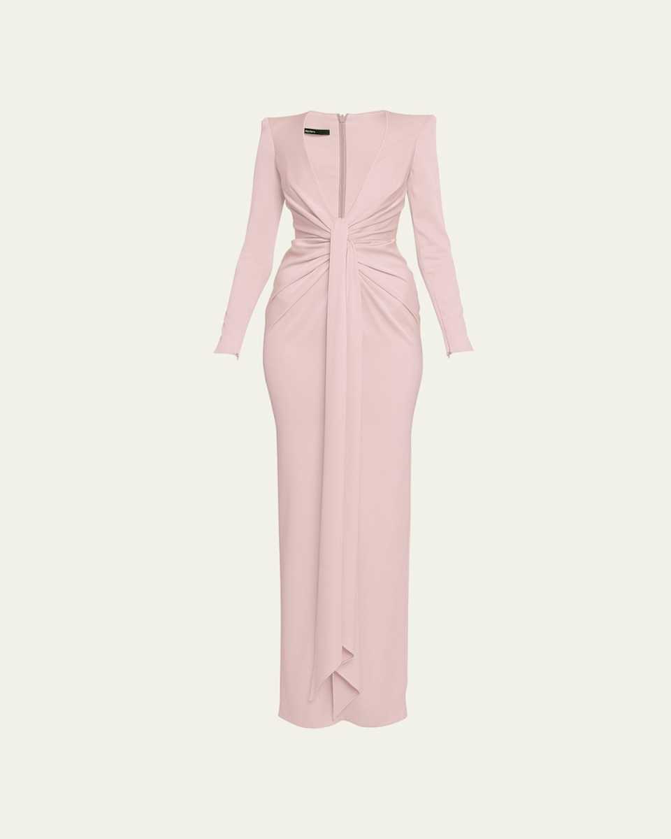 Plunging Tie-Front String-Shoulder Satin Crepe Column Gown