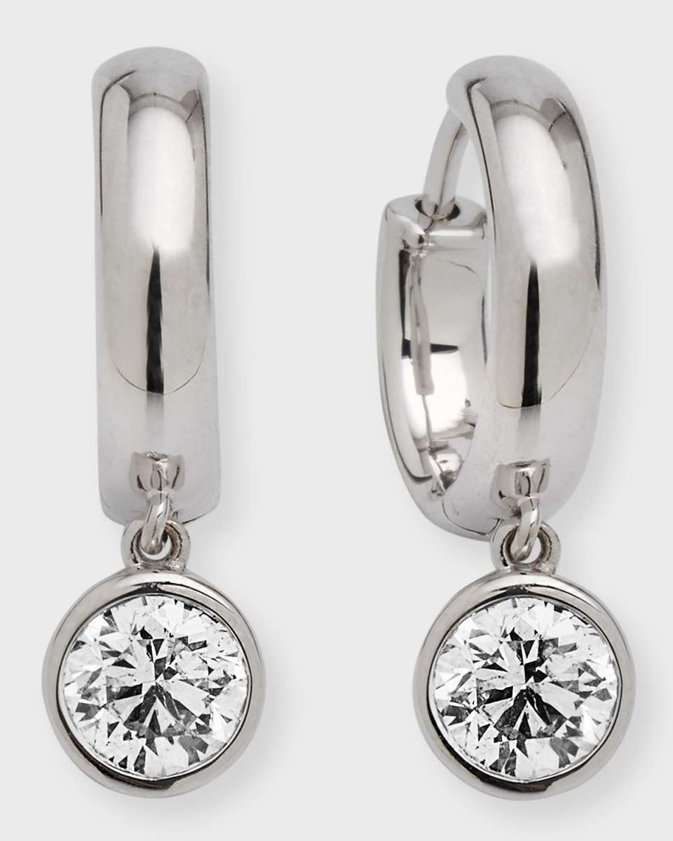 18K White Gold Bezel Diamond Huggie Earrings, 1.00tcw, 0.8"L / 0.3"W