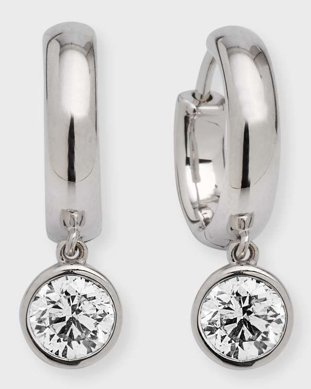 18K White Gold Bezel Diamond Huggie Earrings, 1.00tcw, 0.8"L / 0.3"W