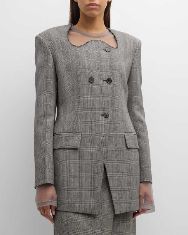 Glen Check Curved-Neck Jacket