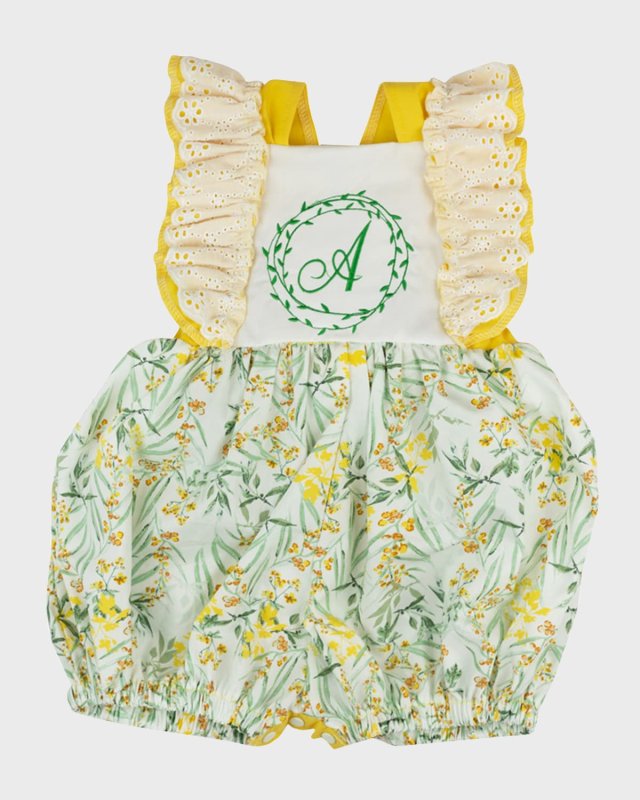 Girl's Ruffle Trim Personalized Romper, Size Newborn-24