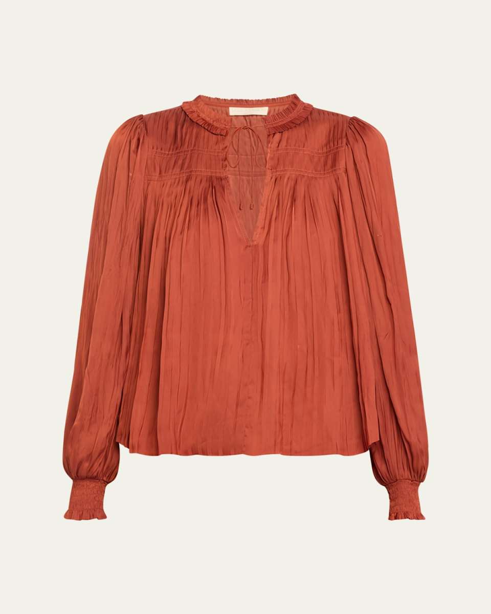 Leah Pleated Split-Neck Puff-Sleeve Blouse