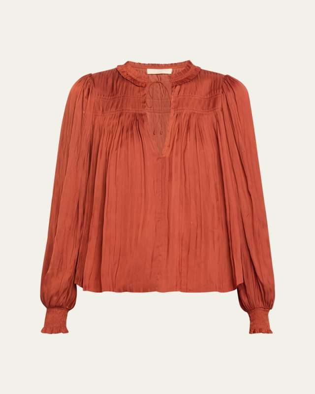 Leah Pleated Split-Neck Puff-Sleeve Blouse