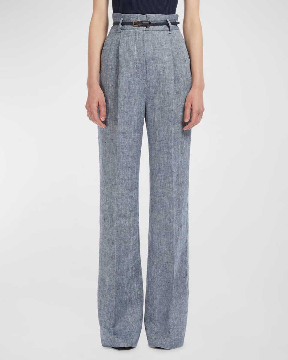Treviso Pleated High-Rise Bootcut Linen Pants